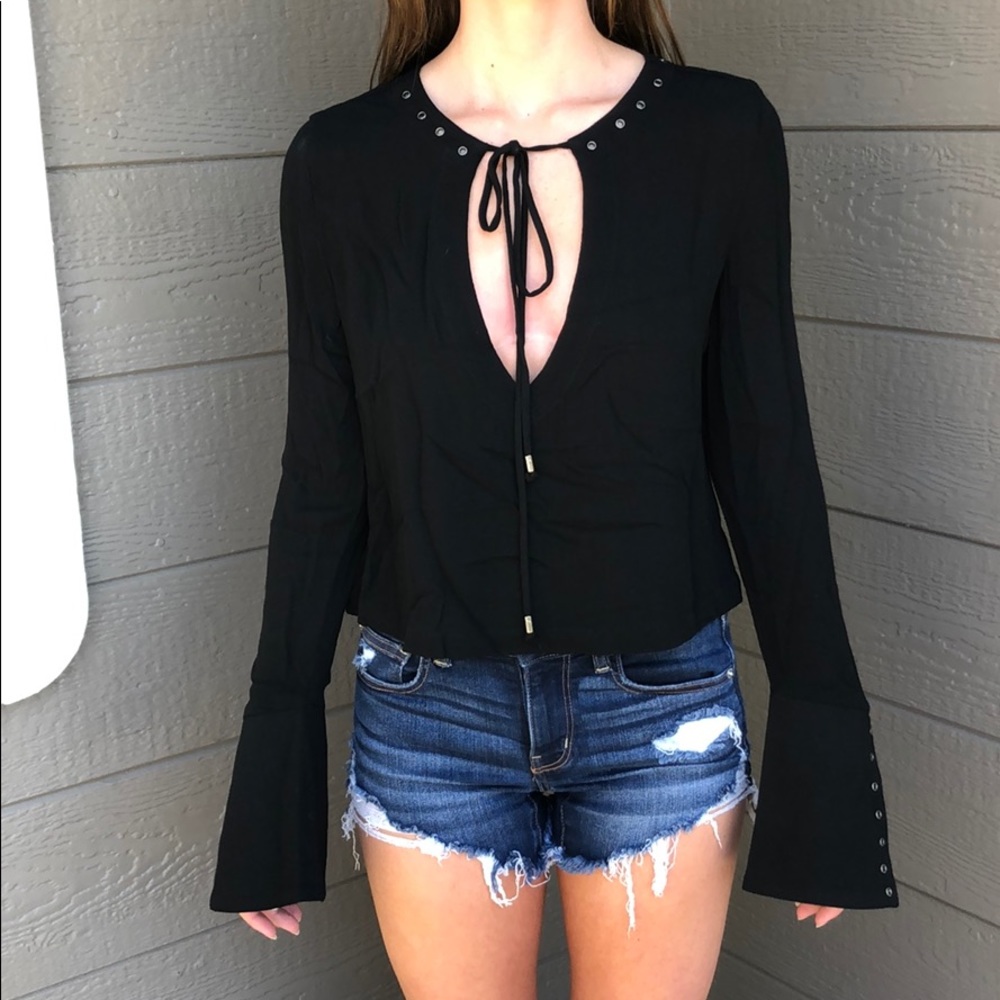 Blue Blush Bell Sleeve Tie Front Shirt
